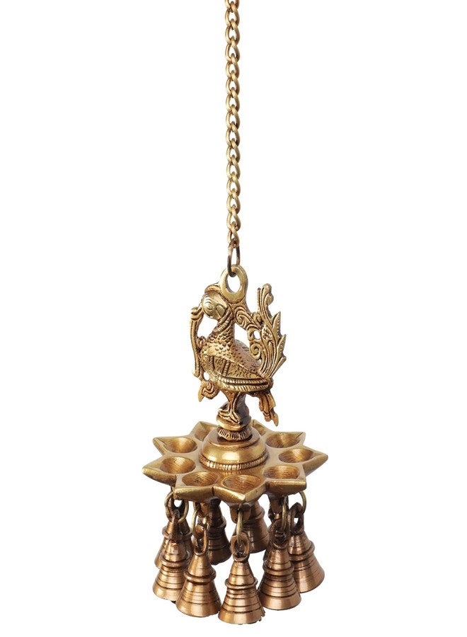 D Brasso Brass Peacock Design Hanging Diya with Bells, Brown, Standard (D4657) - Image 1